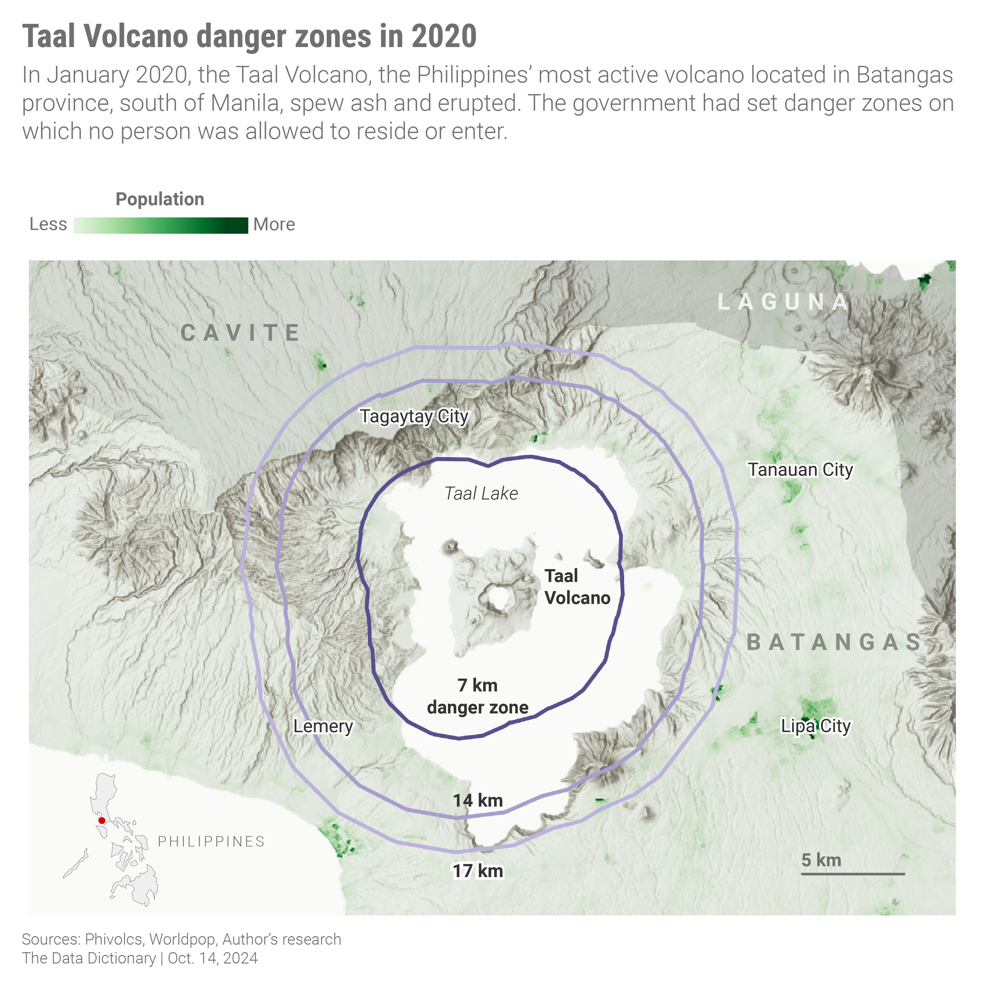 A map showing the different danger zones imposed around the Taal Volcano during its eruption in Jan. 2020.